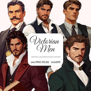 Viktorianische Ära Männer Aquarell Clipart Bundle - 146 PNG Bilder, gutaussehende Vintage Gentlemen, historische Mode, POD freundlich