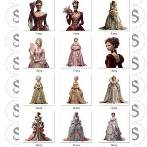 Pu&ograve; includere: Una collezione di illustrazioni digitali raffiguranti donne in abiti e costumi storici. Le immagini mostrano vari stili, colori e dettagli degli abiti, con un focus sui disegni e le trame intricate degli indumenti.