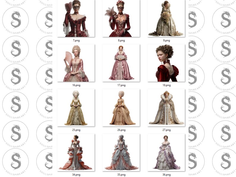 Pu&ograve; includere: Una collezione di illustrazioni digitali raffiguranti donne in abiti e costumi storici. Le immagini mostrano vari stili, colori e dettagli degli abiti, con un focus sui disegni e le trame intricate degli indumenti.