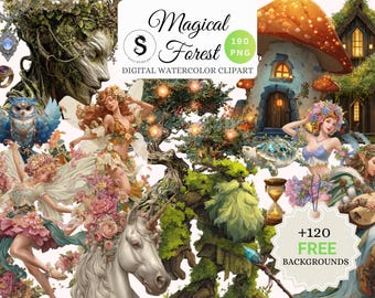 Enchanted Forest Watercolor Clipart Bundle, Fairies, Animals (Digital Download)