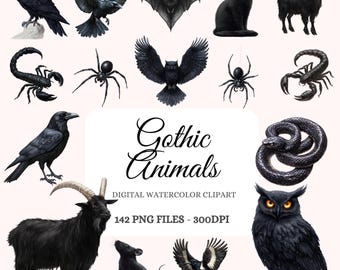 Gothic Animals Watercolor Clipart – Dark Fantasy PNG Bundle (Digital Download)