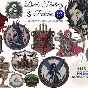 May include: A collection of dark fantasy patches featuring various gothic and mystical designs. The patches include images of a vampire, grim reaper, devil, skeleton archer, and a fairy, among others. The patches are in a watercolor clipart style.