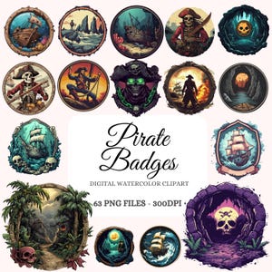 Pirate Badges Watercolor Clipart – 63 Nautical Skull PNG, Vintage Pirate Symbols, Buccaneer Art, Instant Digital Download, Commercial Use