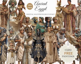 May include: Digital watercolor clipart featuring numerous figures in Ancient Egyptian attire. The image includes pharaohs, gods, and other characters, with ornate gold and jewel-toned details. Text includes "Ancient Egypt" and "Digital Watercolor Clipart".