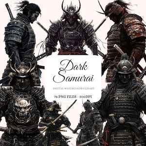 Könnte beinhalten: Digitaler Aquarell-Clipart von dunklen Samurai-Kriegern in schwarzer Rüstung mit roten Akzenten. Das Bild zeigt sieben verschiedene Samurai-Krieger in verschiedenen Posen, darunter einen mit einem Schädel auf seiner Brustplatte. Der Text "Dark Samurai" ist in einer stilisierten Schrift über den Kriegern geschrieben. Der Text "Digital Watercolor Clipart" und "76 PNG Files - 300DPI" ist unter den Kriegern geschrieben.