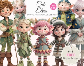 Watercolor Elf Clipart Bundle: Christmas Cartoon PNGs + Digital Papers