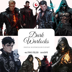 May include: Digital watercolor clipart of dark warlocks. The clipart includes 46 PNG files at 300 DPI. The image shows a group of dark warlocks with various expressions and poses. Some are wearing dark clothing and have horns, while others have glowing eyes and hold magical staffs.