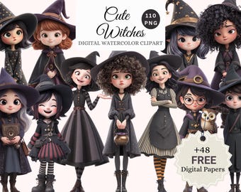 Cute Cartoon Witches Watercolor Clipart Bundle – 110 Adorable Witch PNGs + 48 FREE Matching Digital Papers, POD Friendly, Commercial Use