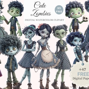 May include: Digital watercolor clipart featuring a collection of cute zombie characters. The characters are depicted in various outfits and poses, with stitched-up skin and eerie expressions. The image includes text that reads "Cute Zombies" and "Digital Watercolor Clipart".