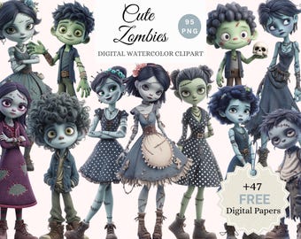 Cute Cartoon Zombies Watercolor Clipart Bundle – Adorable Zombie PNGs, Kawaii Halloween Art + 47 Free Digital Papers (95 Images)