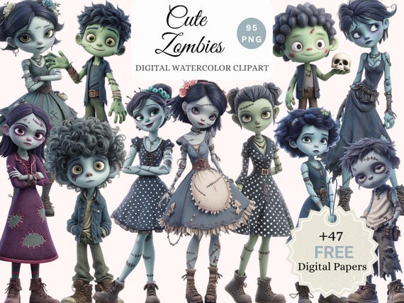 Cute Cartoon Zombies Watercolor Clipart Bundle – Adorable Zombie PNGs, Kawaii Halloween Art + 47 Free Digital Papers (95 Images)