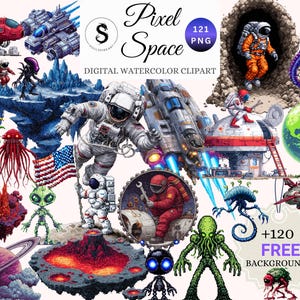 Pode incluir: Clipart digital em aquarela intitulado "Pixel Space" com astronautas, naves espaciais e criaturas alienígenas. A imagem inclui uma variedade de ilustrações coloridas, incluindo uma nave espacial vermelha, um alienígena verde e um planeta com um anel roxo.
