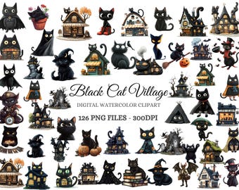 Black Cat Village Watercolor Clipart Bundle – Gothic Halloween PNGs (126 Images)