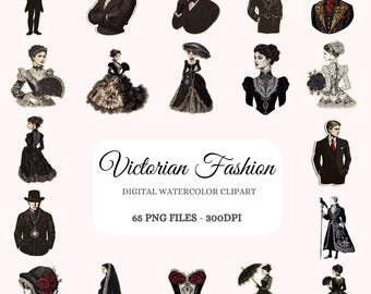 Victorian Fashion Clipart – 65 PNG Vintage Clothing Illustrations (Digital Download)