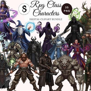 May include: Digital clipart bundle featuring 35 PNG images of RPG class characters. The characters include wizards, warriors, rogues, and other fantasy figures. The images are colorful and detailed, with a variety of weapons and magical effects.