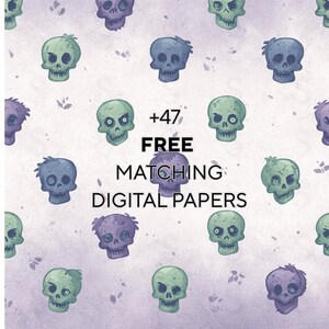May include: Digital paper design featuring a repeating pattern of cartoon skulls in shades of green, blue, and purple. The text "+47 FREE MATCHING DIGITAL PAPERS" is centered. The background is a light purple with small leaf accents.