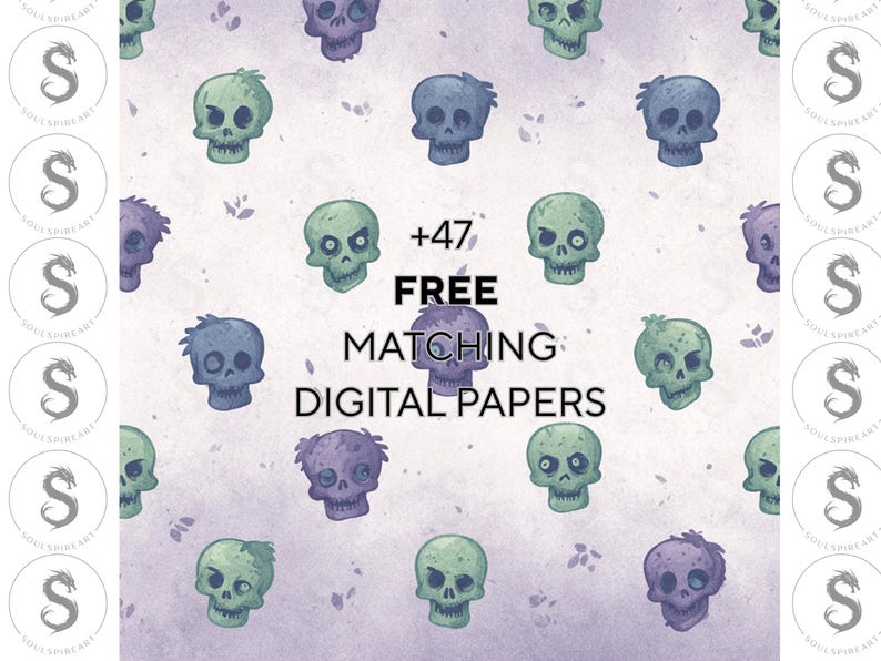 May include: Digital paper design featuring a repeating pattern of cartoon skulls in shades of green, blue, and purple. The text "+47 FREE MATCHING DIGITAL PAPERS" is centered. The background is a light purple with small leaf accents.