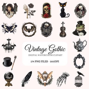 Vintage Gothic Clipart Bundle – 174 PNG Gothic Victorian Sticker-Style Illustrations, Instant Digital Download, Commercial Use