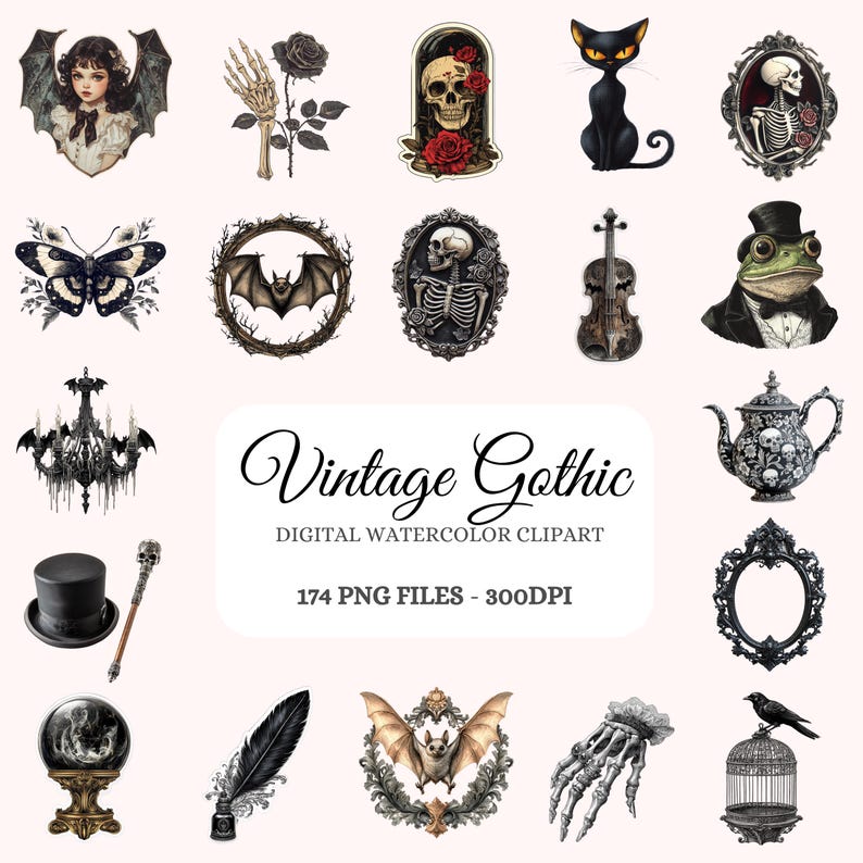 May include: A digital clipart set of 174 vintage gothic illustrations. The set includes images of bats, skeletons, skulls, a black cat, a frog, a chandelier, a teapot, a birdcage, and more. The images are in a watercolor style and are perfect for adding a touch of gothic charm to your projects.