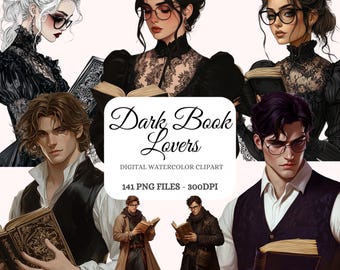 May include: Digital watercolor clipart of four people reading books. The people are dressed in dark clothing and have dark hair. The books are open and have blank pages. The text "Dark Book Lovers" is written in a decorative font at the bottom of the image. The text "Digital Watercolor Clipart" is written below the title. The text "141 PNG Files - 300DPI" is written below the description.