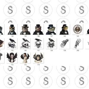 May include: A set of 17 digital illustrations featuring a variety of gothic and spooky themes. The illustrations include a clock, a crow, a skull, a hand, a cat, a frog, and a book. The illustrations are in black and white and have a vintage aesthetic.