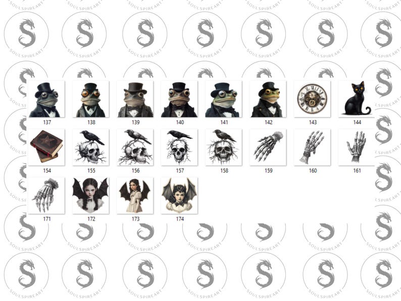 May include: A set of 17 digital illustrations featuring a variety of gothic and spooky themes. The illustrations include a clock, a crow, a skull, a hand, a cat, a frog, and a book. The illustrations are in black and white and have a vintage aesthetic.