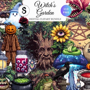 Peut inclure: Ensemble de cliparts numériques intitulé "Witch's Garden" avec des illustrations en pixel art. Comprend une figure à tête de citrouille, un fantôme, un corbeau, une grenouille, un serpent et un bocal d'yeux. Comprend également un tournesol avec un œil.