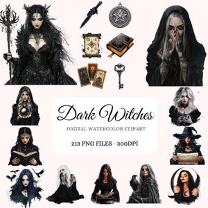 May include: A digital watercolour clipart set featuring dark witches, spells, and magical objects. The set includes 213 PNG files at 300 DPI. The images feature a variety of witches, including a witch with a staff, a witch with a book, and a witch with a cauldron. The set also includes a variety of magical objects, such as a pentagram, a tarot card, and a skull.