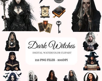Dark Witches Watercolor Clipart Bundle – Gothic Witchcraft PNG (Digital Download)