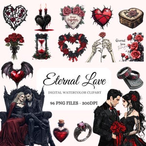 Eternal Love Clipart Bundle – 96 gotyckiej pary wampirów, krwistoczerwone róże, wzory Till Death Do Us Part, natychmiastowe pobranie, wykorzystanie komercyjne