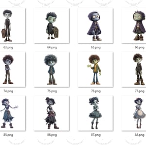May include: A collection of digital art prints featuring stylized zombie characters. Each character is depicted in a unique outfit and pose, with a variety of skin tones and hairstyles. Some characters are holding props like a coffin or a briefcase.