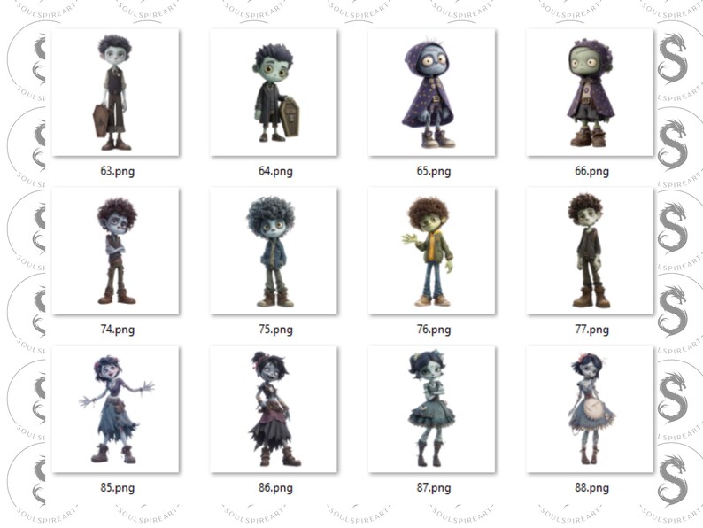 May include: A collection of digital art prints featuring stylized zombie characters. Each character is depicted in a unique outfit and pose, with a variety of skin tones and hairstyles. Some characters are holding props like a coffin or a briefcase.