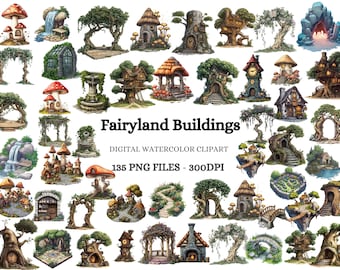 Watercolor Fairy House Clipart – Fairyland Cottage Illustrations (135 PNG)