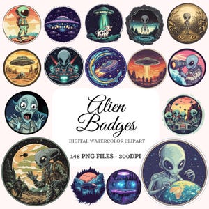 Alien Badges Clipart Bundle – 148 Images, Cartoon UFO Designs, Sci-Fi Badge Graphics, Space Creature PNG, Extraterrestrial Digital Art