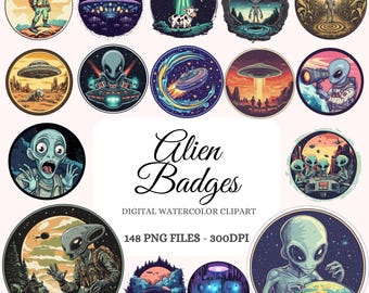 Paquete de imágenes prediseñadas de insignias de extraterrestres: 148 imágenes PNG de ciencia ficción animadas (arte digital)