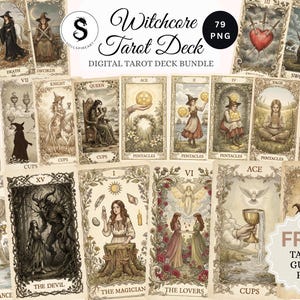 Puede incluir: Un paquete de cartas de Tarot Witchcore digitales con 79 imágenes PNG. Las cartas presentan ilustraciones vintage con temas de brujas, incluyendo figuras con túnicas, símbolos y texto. Incluye un PDF de guía de Tarot gratuito.