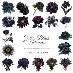 Gothic Black Flowers Watercolor Clipart Bundle – 114 Dark Floral Illustrations, Gothic Art, Instant Digital Download, Commercial Use