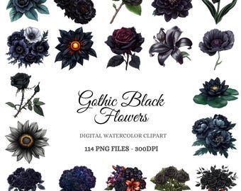 Gothic Black Flowers Watercolor Clipart – Dark Floral PNG Bundle (Digital Download)