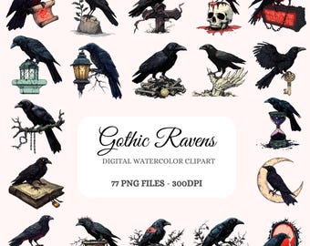 Gothic Raven Watercolor Clipart Bundle – 77 PNG Illustrations (Digital Download)