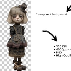 May include: A vintage-style doll with a pale complexion, wearing a dark dress with lace and a small hat. The doll has large, expressive eyes and is posed against a transparent background. The image is high quality, 4000px by 4000px, and 300 DPI.