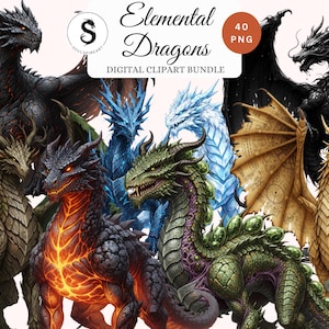 May include: Digital clipart bundle featuring various elemental dragons in shades of black, green, blue, gold, and orange. The image includes the text "Elemental Dragons" and "Digital Clipart Bundle". A circular logo with a stylized dragon is also present.