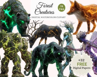 May include: Digital watercolor clipart featuring fantastical forest creatures. Includes a bear, fox, deer, panther, and other beings with glowing accents. The image also includes the text "Forest Creatures" and "Digital Watercolor Clipart".