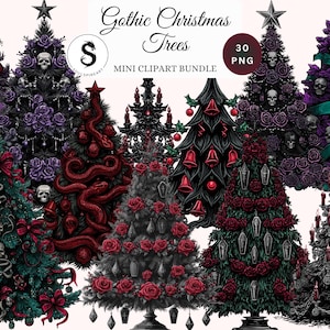 Può includere: Una collezione di design di alberi di Natale gotici. Gli alberi sono decorati con teschi, rose, serpenti e altri elementi oscuri. La tavolozza dei colori include nero, viola, rosso e verde. Il testo "Gothic Christmas Trees" e "Mini Clipart Bundle" sono visibili.