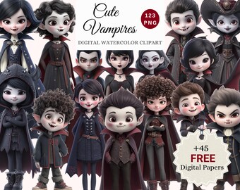 Cute Cartoon Vampires Watercolor Clipart Bundle – Adorable Vampire PNG, Kawaii Gothic Halloween Art, Free 45 Digital Papers (123 PNGs)