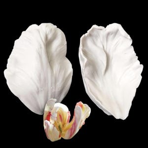 May include: Two white silicone molds for making tulip petals. The molds are shown with a partially assembled tulip made from fondant.