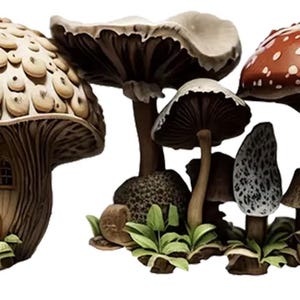 May include: A collection of whimsical mushroom sculptures. One is a mushroom house with a glowing doorway and windows. Other mushrooms have brown, white, and red caps with white spots. Some have green foliage at their base.