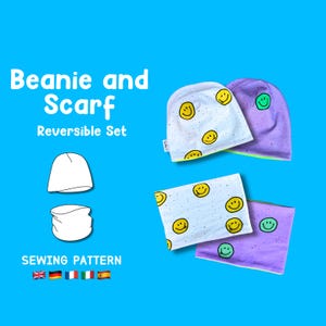 Può includere: Un cartamodello per un set di cappello e sciarpa. Il cartamodello include due disegni reversibili, uno con faccine sorridenti bianche e gialle e l'altro con faccine sorridenti viola e verdi. Il cartamodello è disponibile in più lingue.