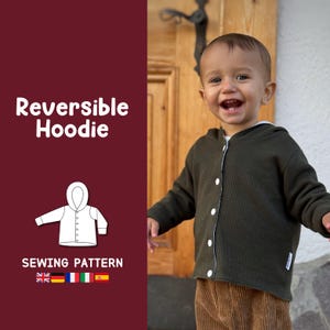 May include: A sewing pattern for a reversible hoodie. The pattern includes instructions for making a hooded sweatshirt with a button-up front. The pattern is available in multiple languages, including English, French, German, Spanish, and Italian.