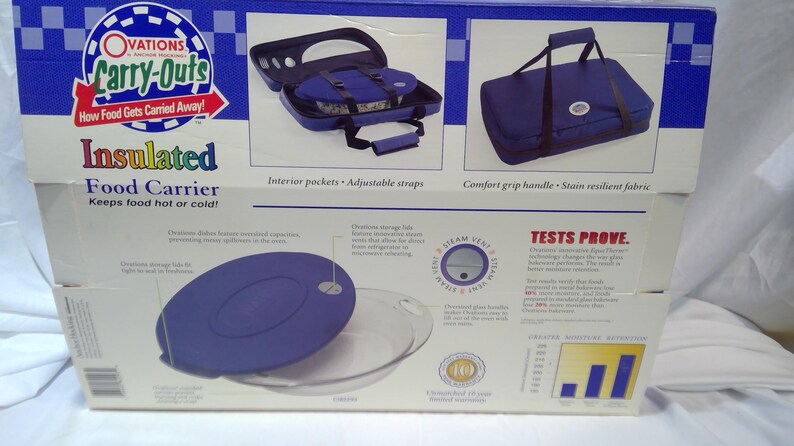 May include: An insulated food carrier box with the brand name "OVATIONS Carry-Outs". The box features images of a blue food carrier with interior pockets and adjustable straps, and a blue carrier with a comfort grip handle. The text reads "Keeps food hot or cold!"