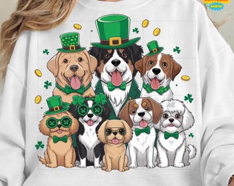 Lucky St. Patrick’s Day Dogs PNG, Irish Puppy Clipart, Green Shamrock Hat Dog Design, Festive Bow Tie Dogs Sublimation, Pet Lover PNG